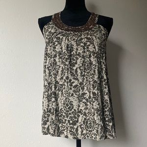 Green + White Abstract Floral Halter Tie Top w/ Sequins - Elle